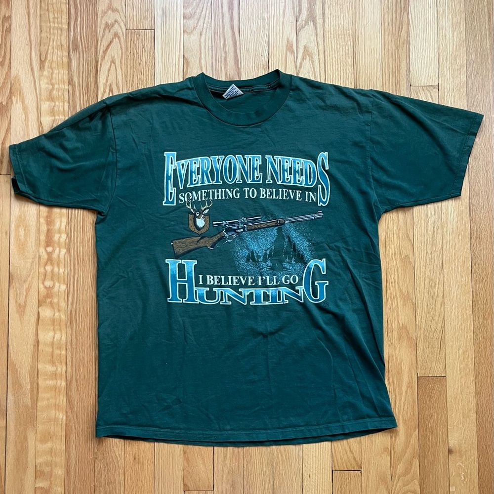 Vintage Y2K “I believe I’ll Go Hunting” Cotton Grove Men’s T-Shirt XL Green
